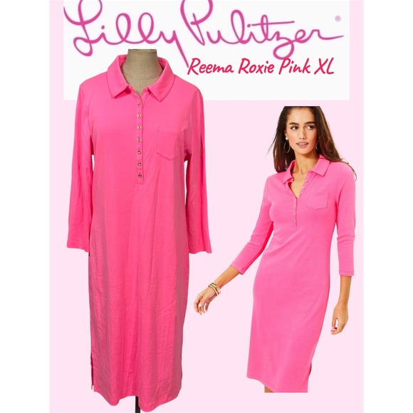 NWT Lilly Pulitzer Reema Roxie Hot Pink XL Polo Dress 3/4 Sleeve Preppy Coastal - Picture 1 of 16